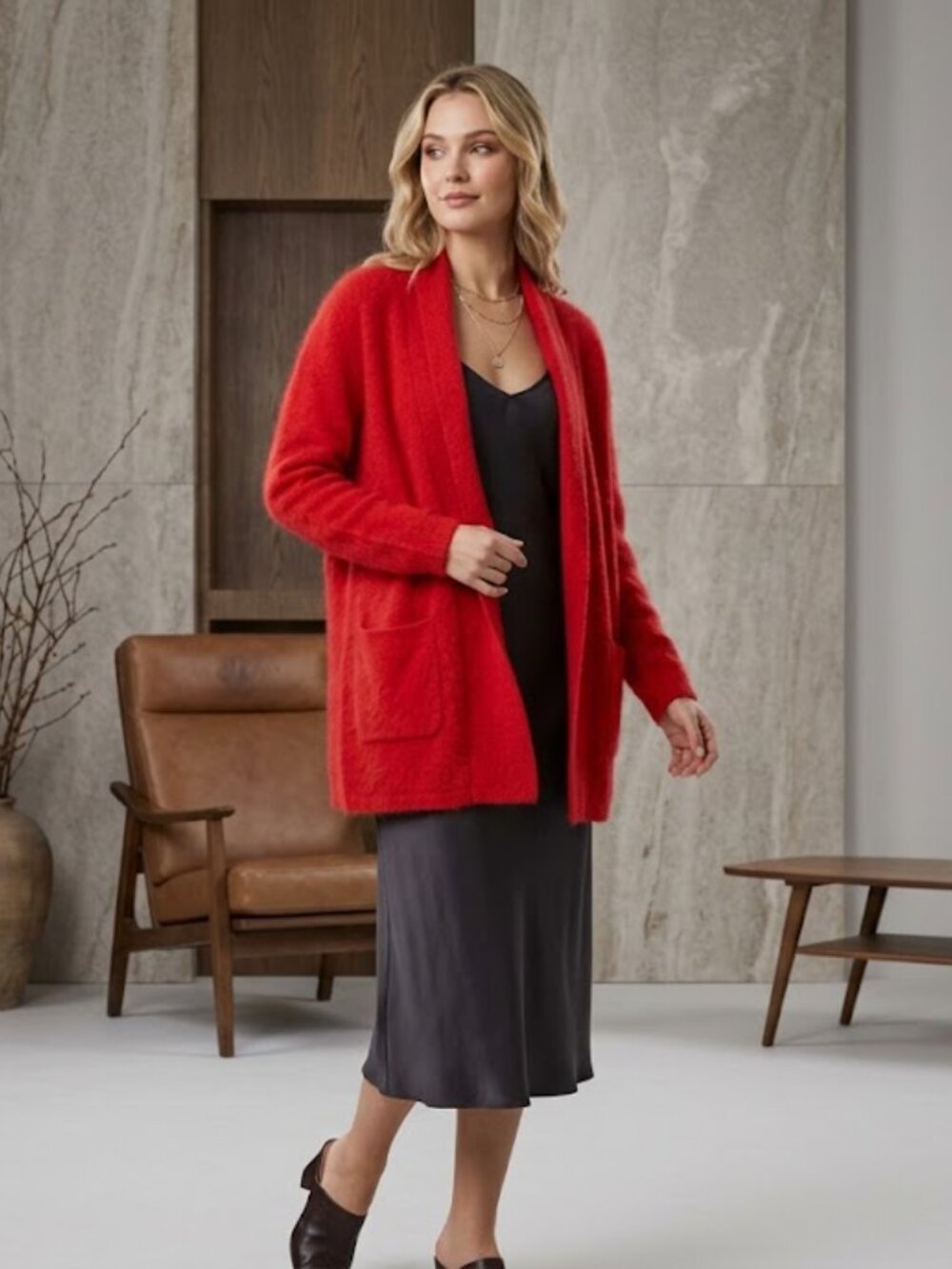 EUC Vintage Angora Lambswool Blend Red Open Front Cardigan - Size M